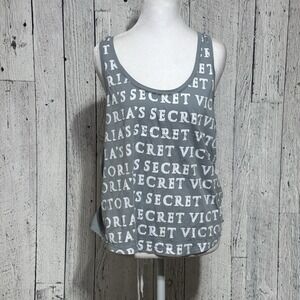 Victoria Secret Women's Racerback Tank Grey And White Repeated Logo Print Size L